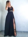 Black Chiffon V-Neck A-Line Floor-Length Dress