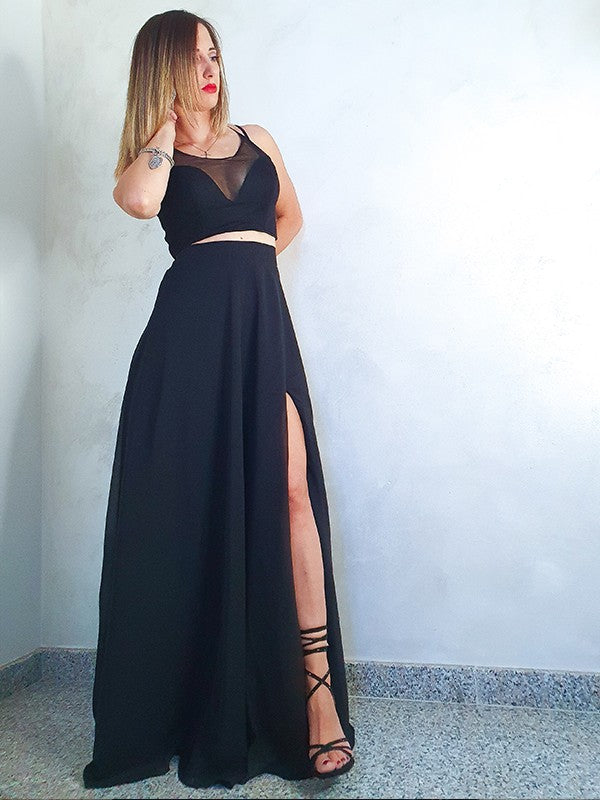 Black Chiffon V-Neck A-Line Floor-Length Dress