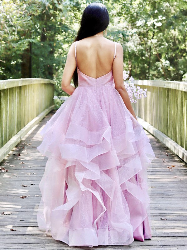 Vestidos de corte A/princesa de tul con volantes y tirantes finos sin mangas hasta el suelo