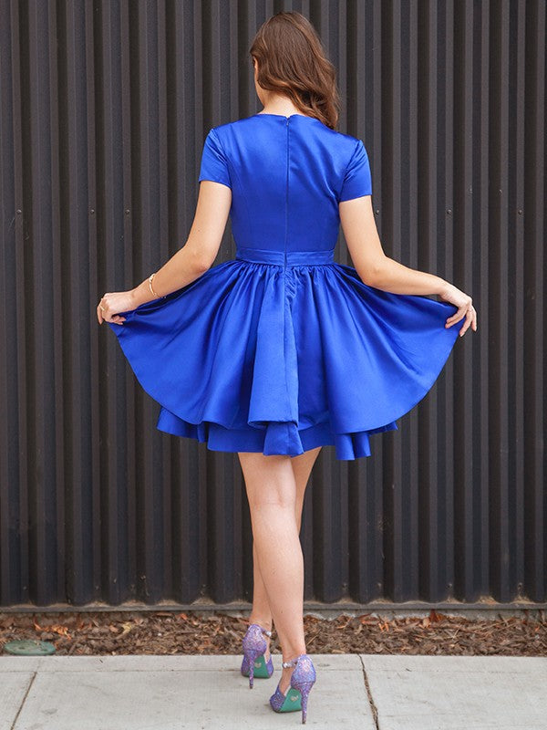 Blue Satin A-Line Short Dress with Embellished Waistband