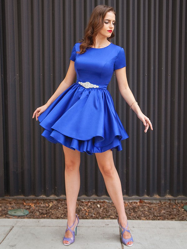 Vestidos cortos/mini de corte A/princesa, de satén, con faja/cinturón y escote redondo, mangas cortas