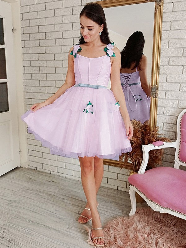 Vestidos cortos/mini de corte A/princesa de tul con flores hechas a mano y cuadrados sin mangas