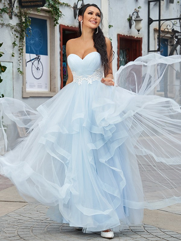 Vestidos de corte A/princesa con apliques de tul, escote corazón, sin mangas y hasta el suelo