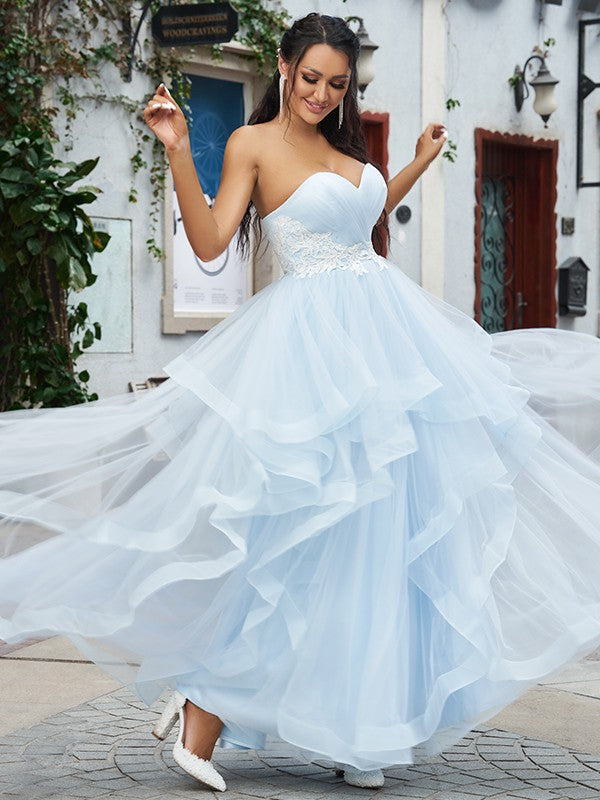 Vestidos de corte A/princesa con apliques de tul, escote corazón, sin mangas y hasta el suelo