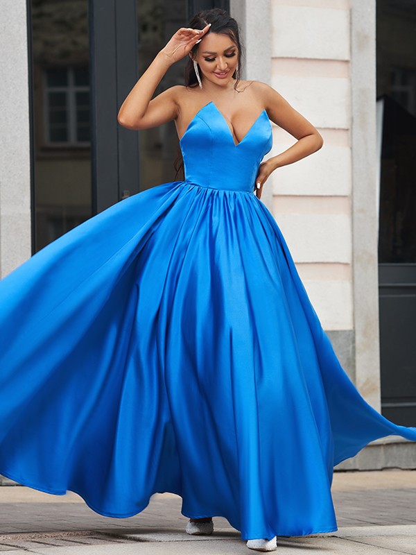 Royal Blue Satin V-Neck A-Line Floor-Length Gown