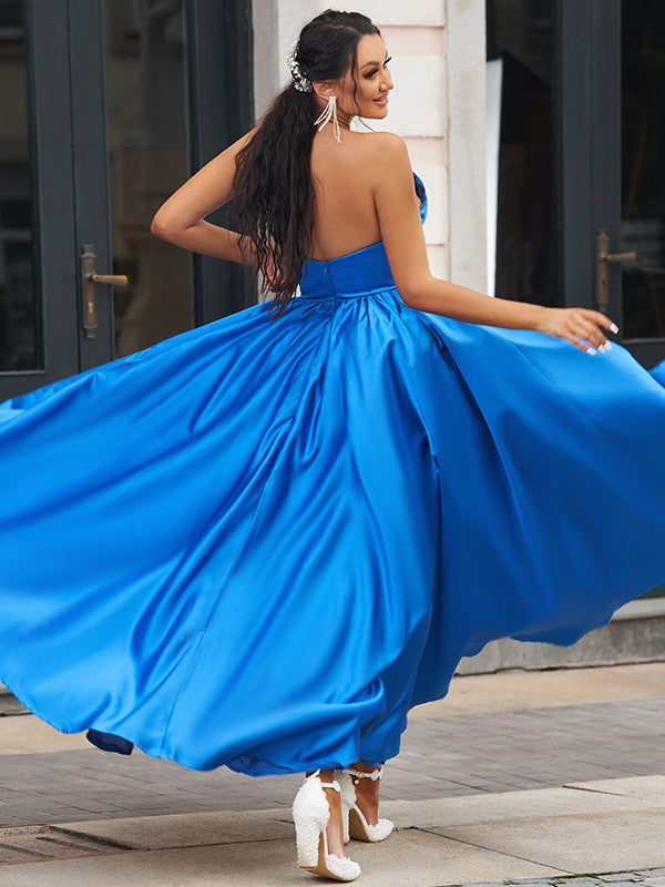 Royal Blue Satin V-Neck A-Line Floor-Length Gown