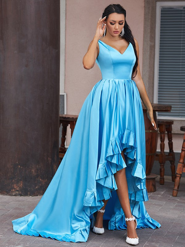 Blue Satin A-Line Asymmetrical V-Neck Prom Dress with Ruffled High-Low Hem