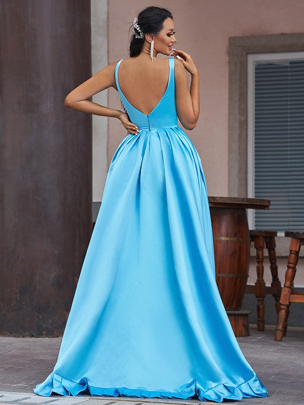 Blue Satin A-Line Asymmetrical V-Neck Prom Dress with Ruffled High-Low Hem