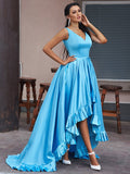 Vestidos asimétricos de corte A/princesa, de satén, con volantes, escote en V y sin mangas