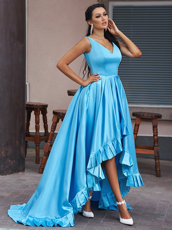 Blue Satin A-Line Asymmetrical V-Neck Prom Dress with Ruffled High-Low Hem