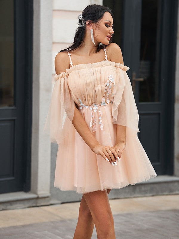 Blushing Pink Tulle Off-the-Shoulder Short A-Line Evening Dress