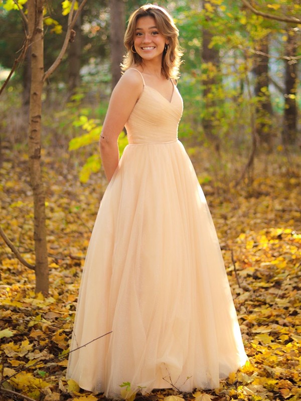 Vestidos de corte A/princesa con escote en V fruncido, sin mangas y hasta el suelo