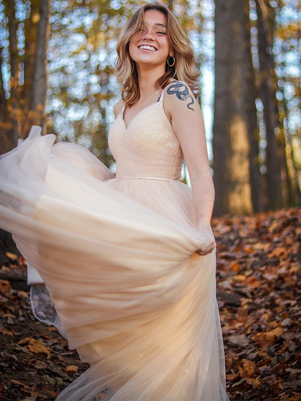 Vestidos de corte A/princesa con escote en V fruncido, sin mangas y hasta el suelo