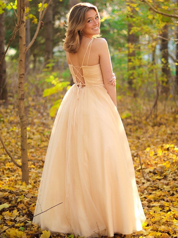 Vestidos de corte A/princesa con escote en V fruncido, sin mangas y hasta el suelo