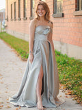 Silver Satin A-Line Floor-Length Prom & Evening Dress with Draped Bodice and High Slit