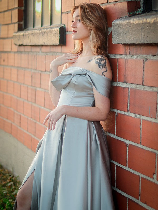 Silver Satin A-Line Floor-Length Prom & Evening Dress with Draped Bodice and High Slit