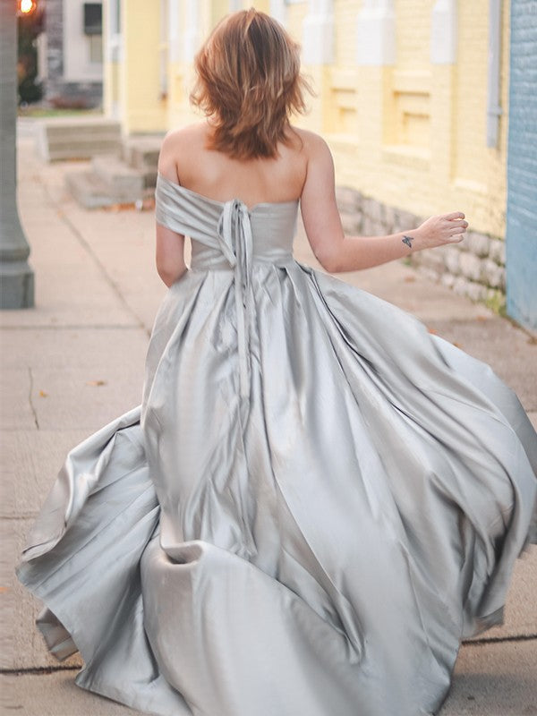 Silver Satin A-Line Floor-Length Prom & Evening Dress with Draped Bodice and High Slit