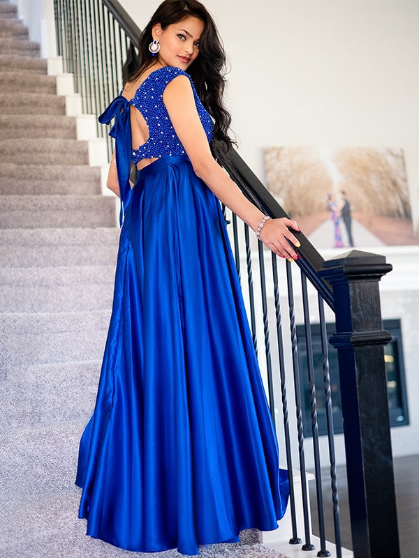 Vestido de dos piezas corte A/princesa, de satén, con cuentas, escote redondo, sin mangas y largo hasta el suelo