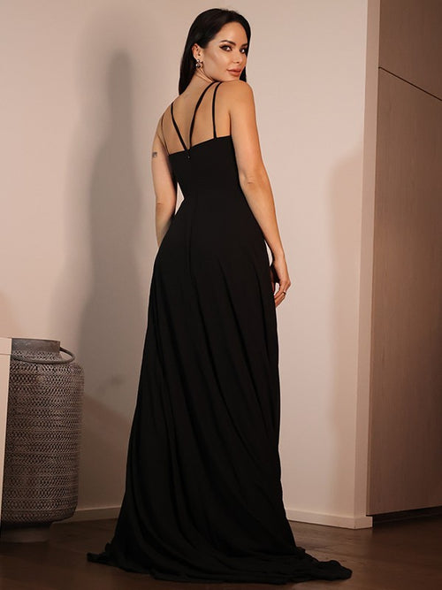 Black Chiffon A-Line Floor-Length Gown with Sweetheart Neckline, Criss-Cross Straps & High Slit
