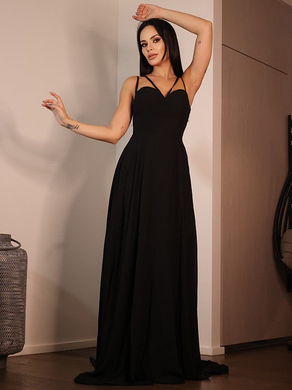 Abiti a trapezio/principessa in chiffon con volant, scollo a cuore, maniche lunghe, strascico a ruota