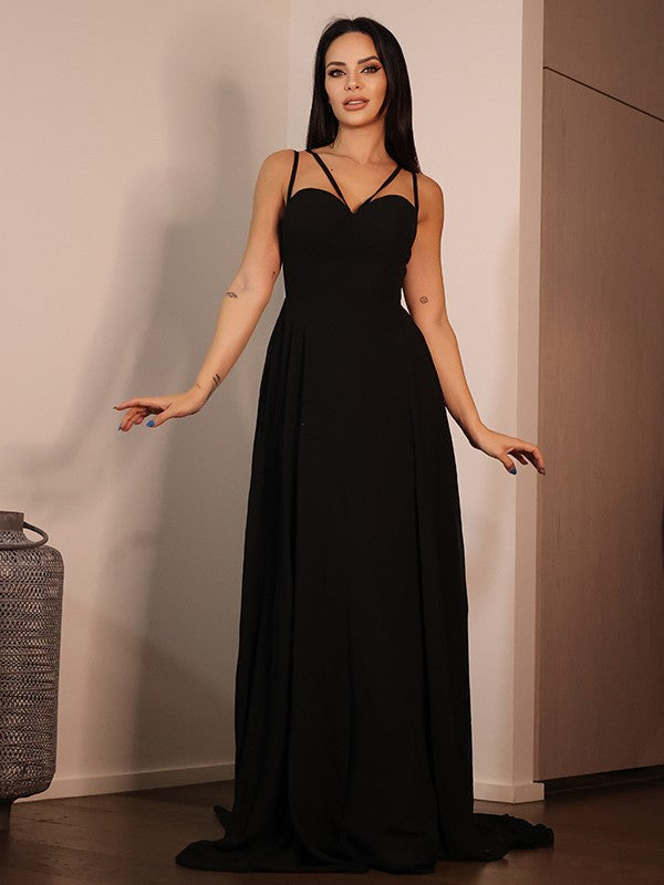 Abiti a trapezio/principessa in chiffon con volant, scollo a cuore, maniche lunghe, strascico a ruota