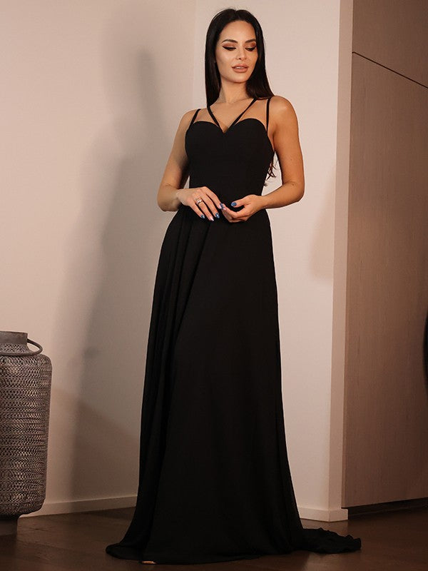 Abiti a trapezio/principessa in chiffon con volant, scollo a cuore, maniche lunghe, strascico a ruota