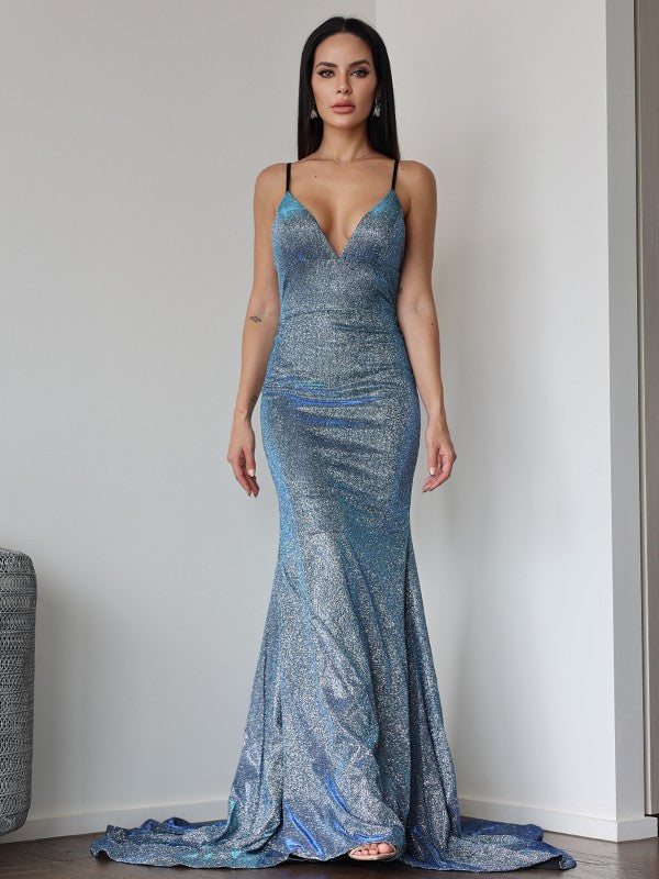 Abiti a tubino/colonna con volant, scollo a V, senza maniche, strascico a ruota