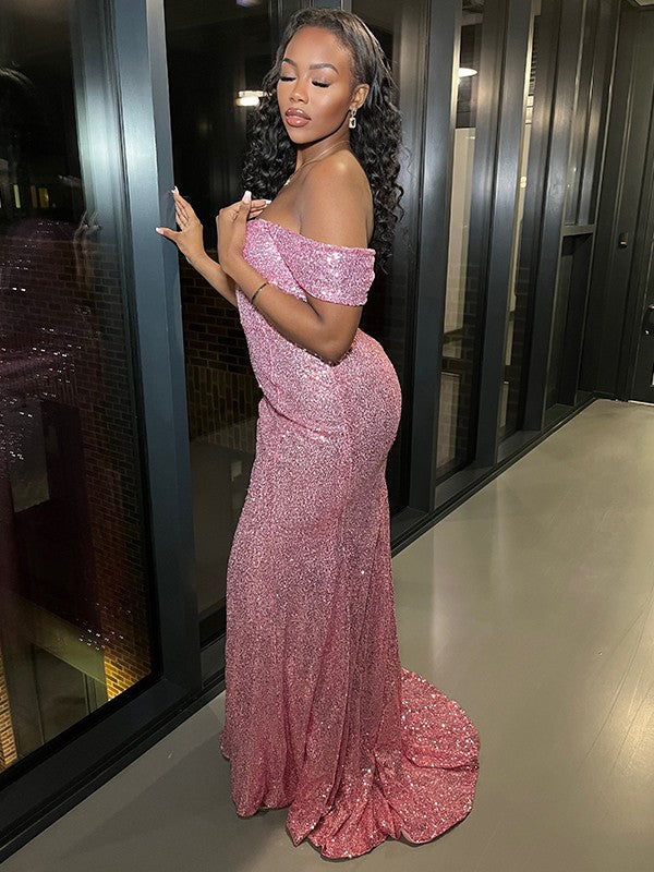 Sheath/Column Sequins Ruched Off-the-Shoulder Sleeveless Sweep/Brush Train Dresses