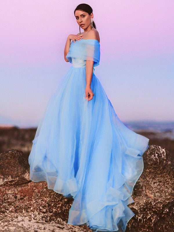 Sky Blue Chiffon A-Line Off-the-Shoulder Floor-Length Evening Dress
