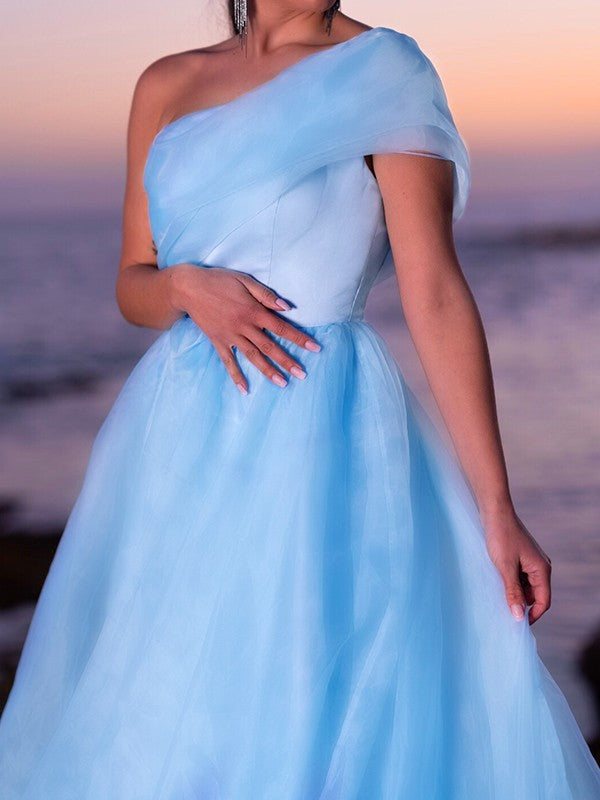 Sky Blue Chiffon A-Line Off-the-Shoulder Floor-Length Evening Dress