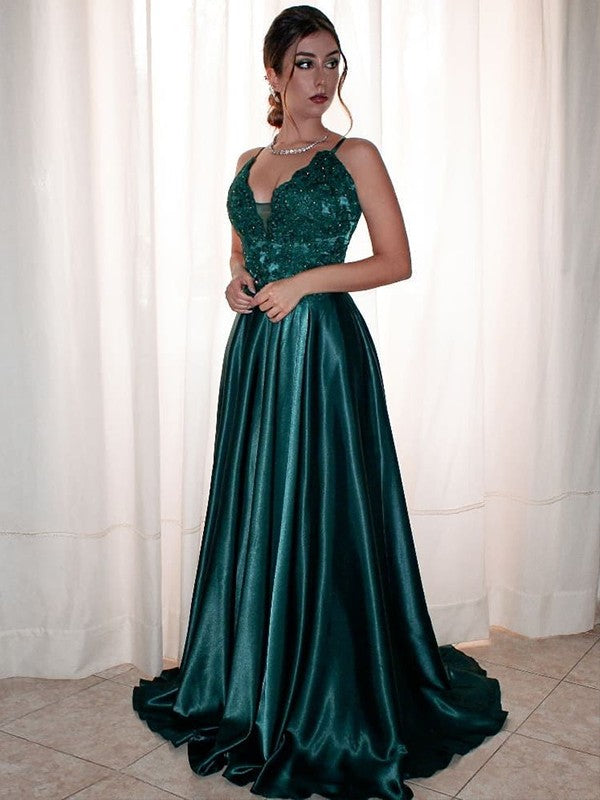 Vestidos de corte A/princesa de satén tejido con apliques, escote en V, sin mangas y cola larga