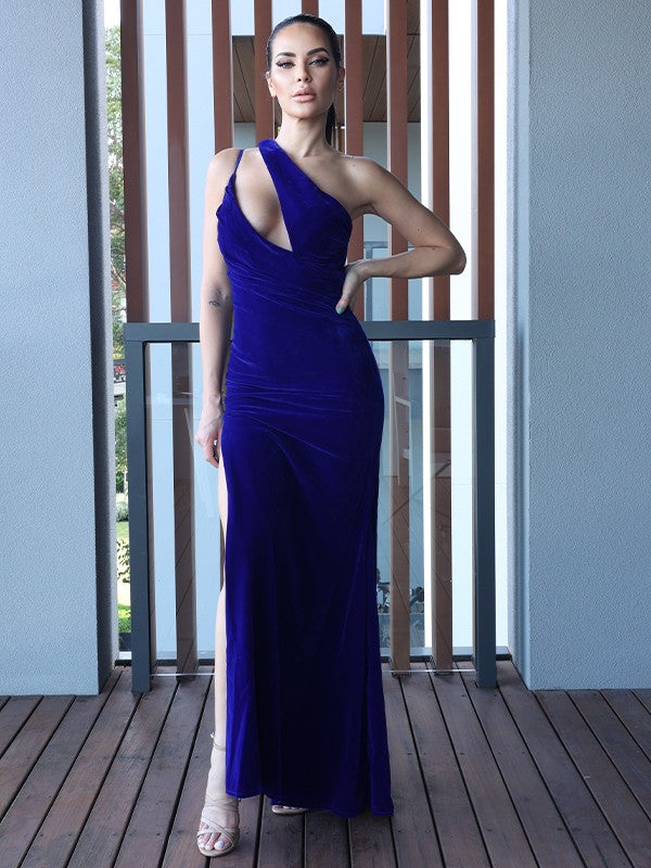 Sheath/Column Velvet Ruched One-Shoulder Sleeveless Floor-Length Dresses