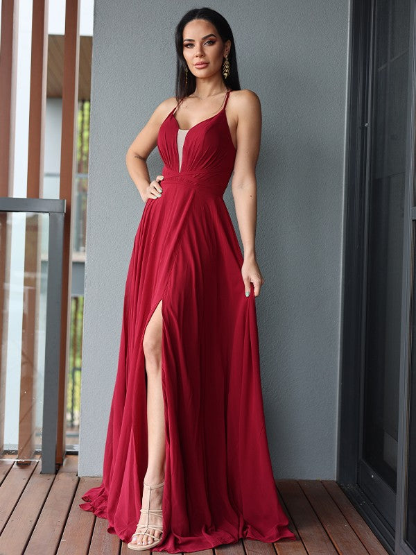 Burgundy Chiffon A-Line V-Neck Floor-Length Evening Dress with High Slit