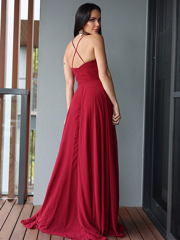 Burgundy Chiffon A-Line V-Neck Floor-Length Evening Dress with High Slit