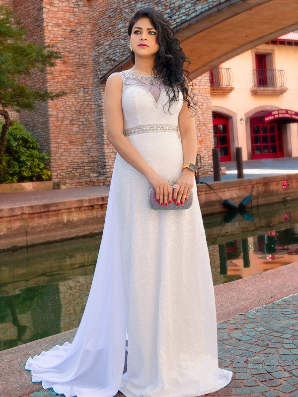 Vestidos de gasa con escote redondo, sin mangas, corte princesa, con cuentas y cola larga