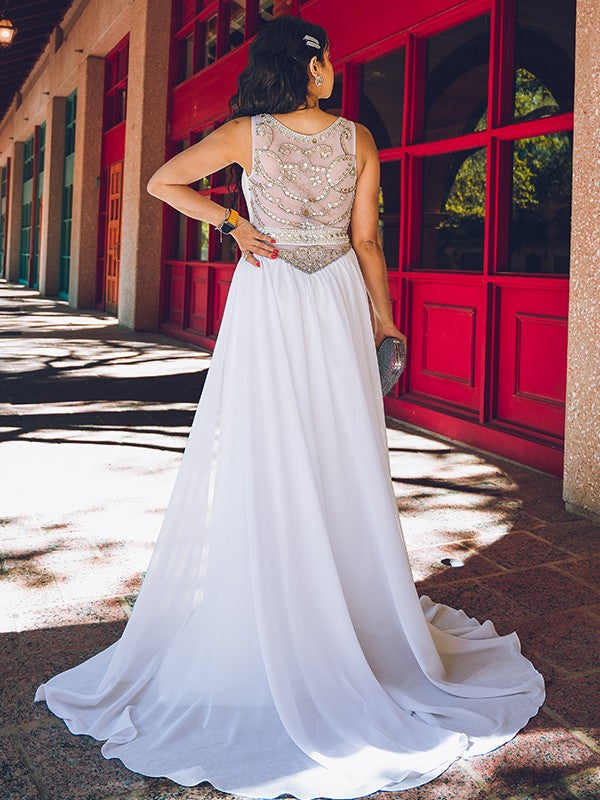 Vestidos de gasa con escote redondo, sin mangas, corte princesa, con cuentas y cola larga