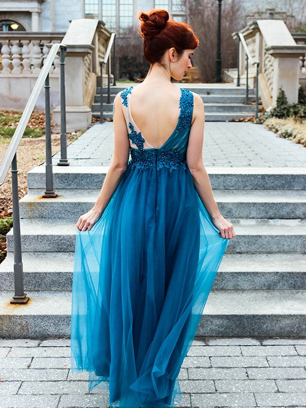 Vestidos de corte A/princesa con apliques de tul, escote en V, sin mangas y hasta el suelo