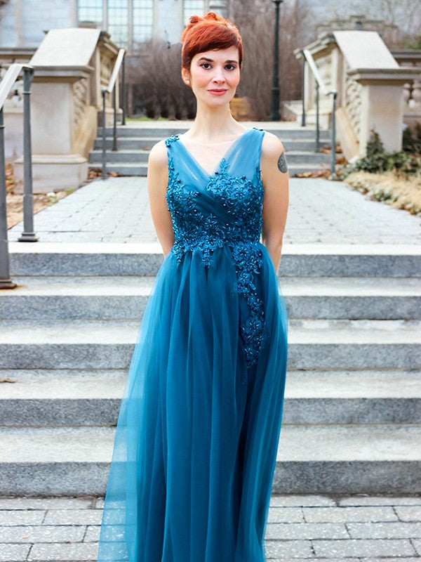 Vestidos de corte A/princesa con apliques de tul, escote en V, sin mangas y hasta el suelo