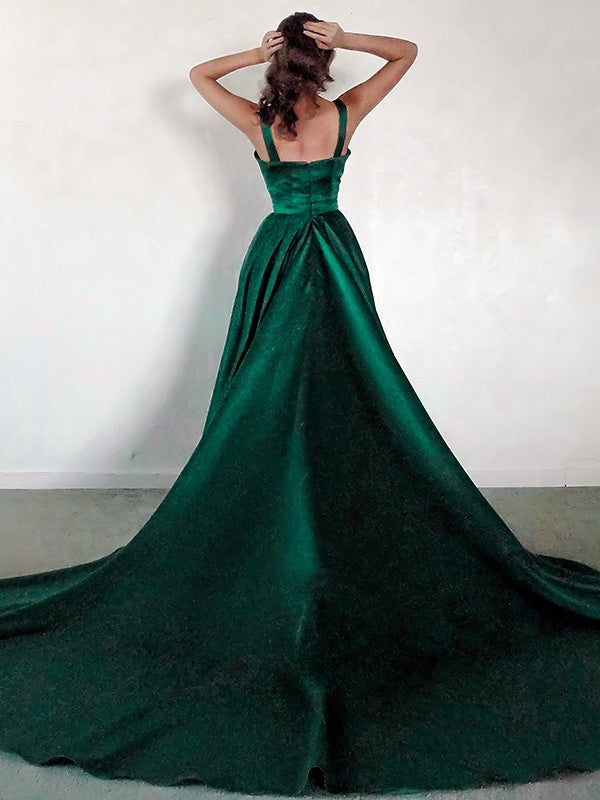Emerald Satin A-Line Floor-Length Evening Dress with Straight Neck and Back Zip