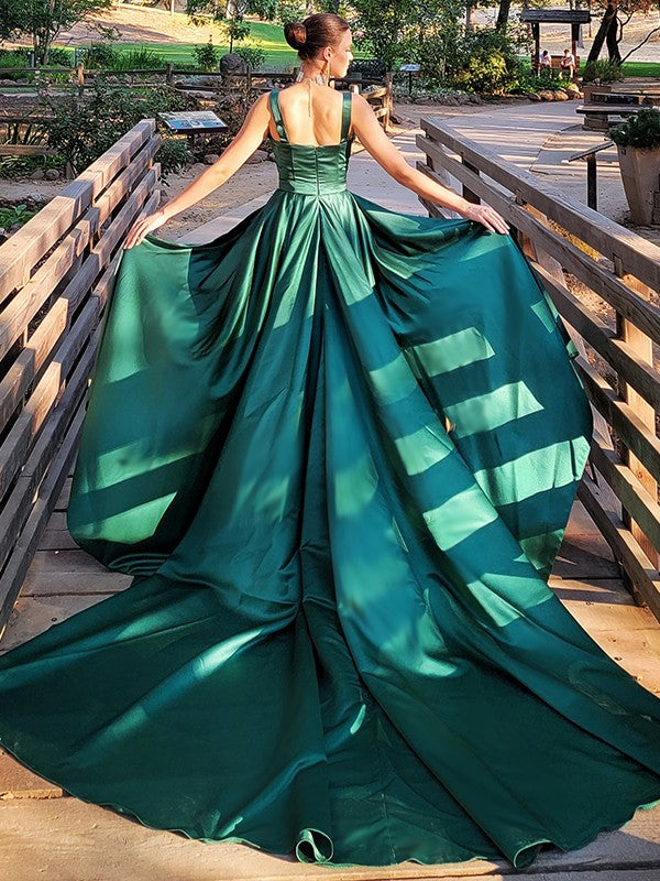 Emerald Satin A-Line Floor-Length Evening Dress with Straight Neck and Back Zip