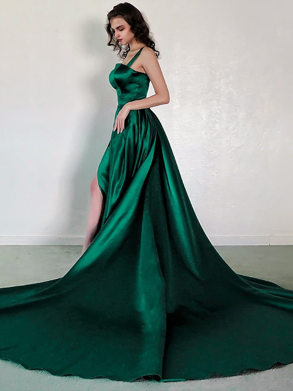 Emerald Satin A-Line Floor-Length Evening Dress with Straight Neck and Back Zip