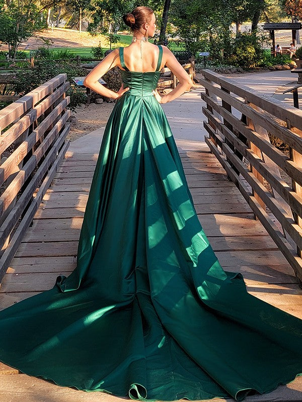 Emerald Satin A-Line Floor-Length Evening Dress with Straight Neck and Back Zip