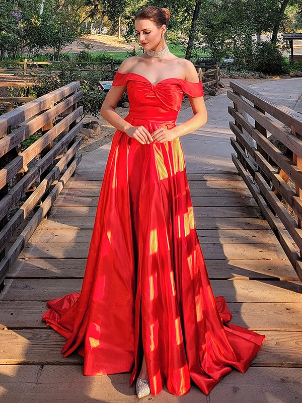 Red Satin Off-the-Shoulder A-Line Floor-Length Evening Dress
