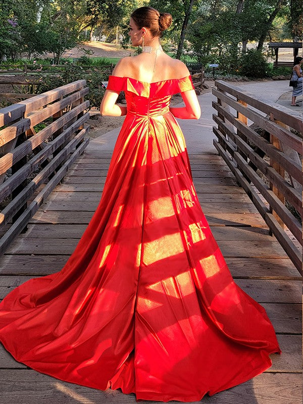 Red Satin Off-the-Shoulder A-Line Floor-Length Evening Dress