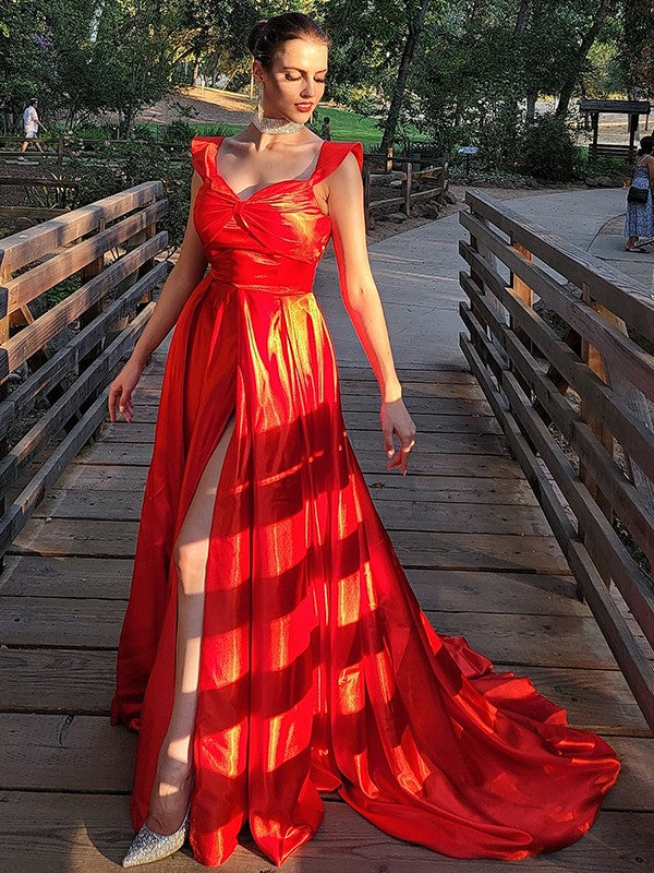 Red Satin Off-the-Shoulder A-Line Floor-Length Evening Dress