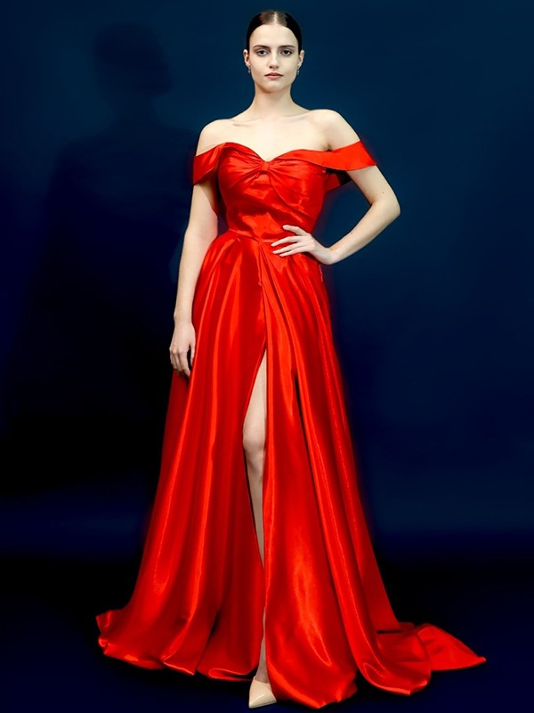 Red Satin Off-the-Shoulder A-Line Floor-Length Evening Dress