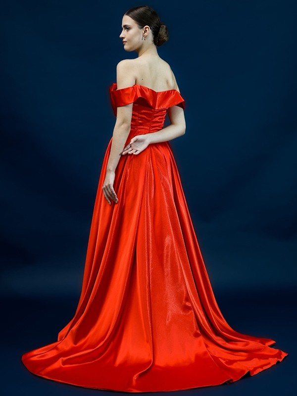 Red Satin Off-the-Shoulder A-Line Floor-Length Evening Dress