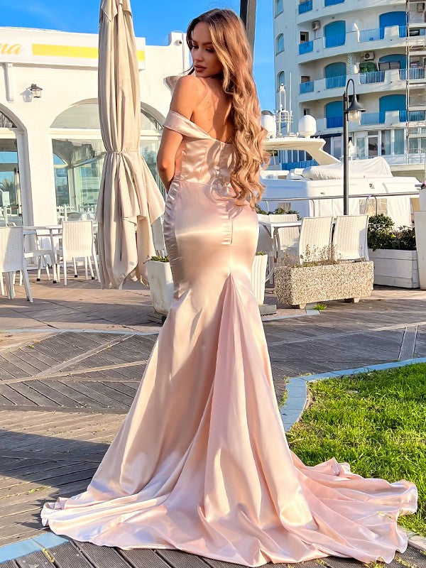 Champagne Satin Off-the-Shoulder Floor-Length Sheath/column Evening Dress