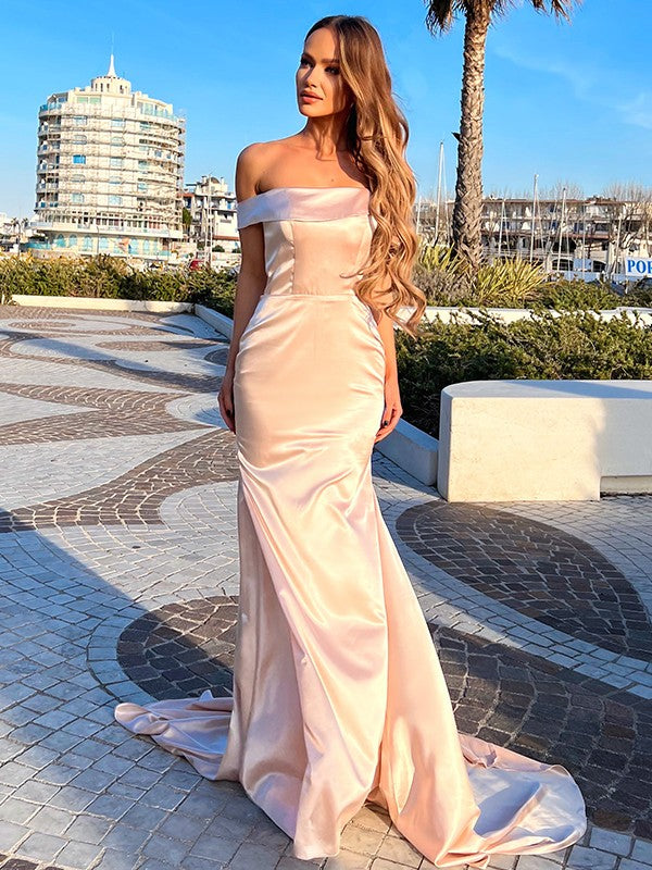 Champagne Satin Off-the-Shoulder Floor-Length Sheath/column Evening Dress
