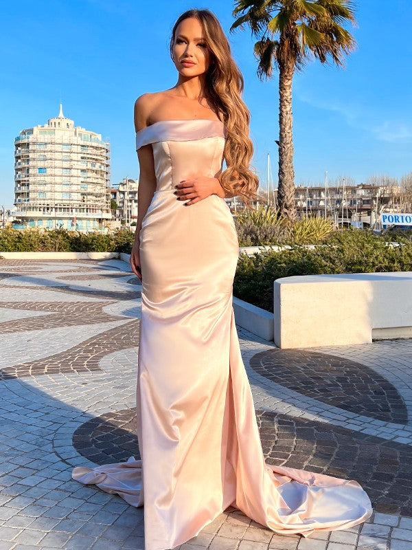 Champagne Satin Off-the-Shoulder Floor-Length Sheath/column Evening Dress